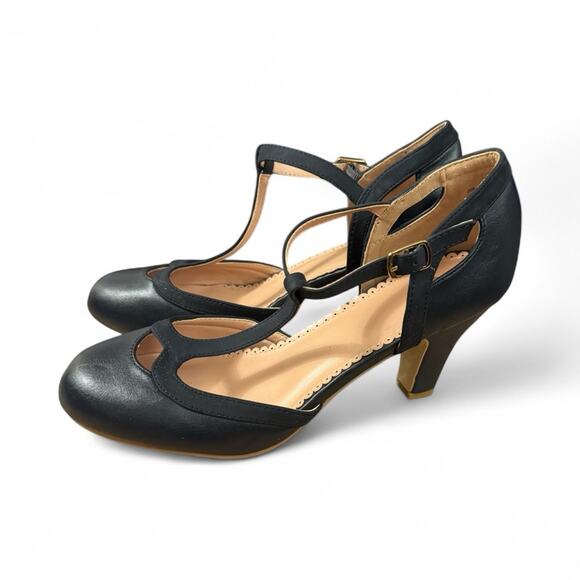 Elegant Navy T-Strap Women's Heels - Picture 2 of 6